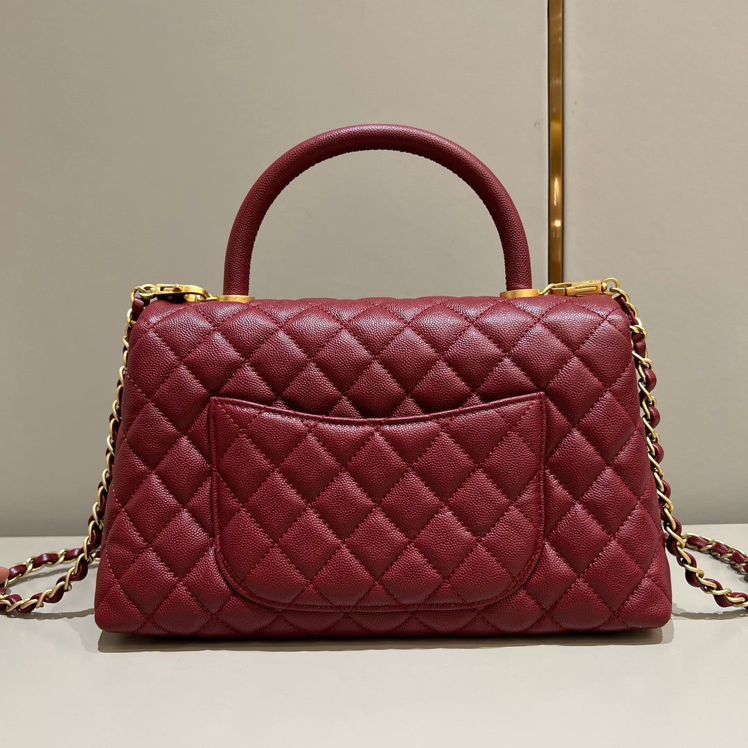 LARGE FLAP BAG WITH TOP HANDLE 29  Small Grained Calfskin Red Wine Color