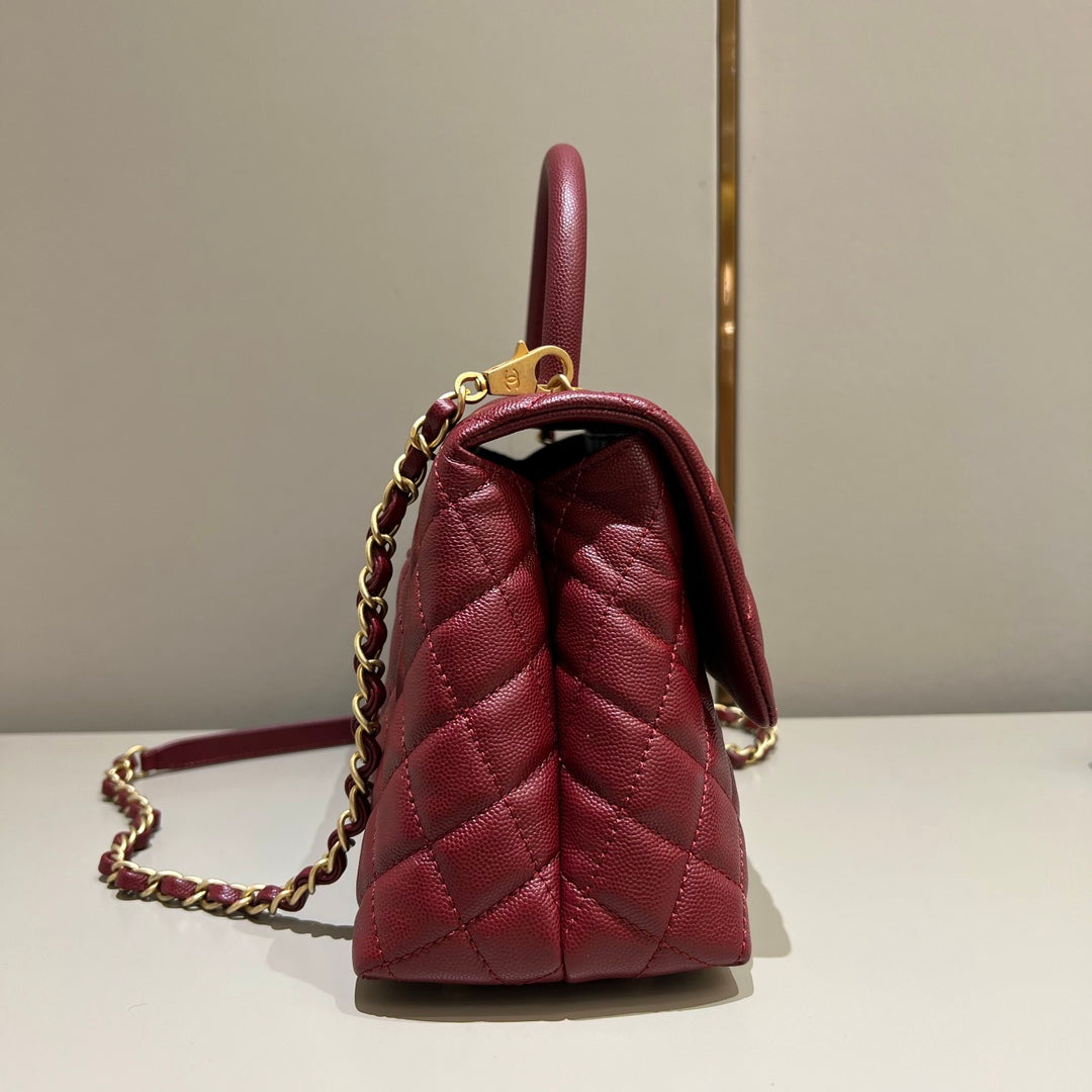 LARGE FLAP BAG WITH TOP HANDLE 29  Small Grained Calfskin Red Wine Color