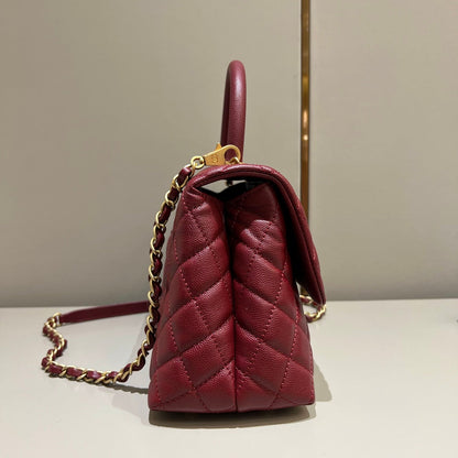 LARGE FLAP BAG WITH TOP HANDLE 29  Small Grained Calfskin Red Wine Color