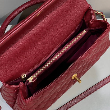 LARGE FLAP BAG WITH TOP HANDLE 29  Small Grained Calfskin Red Wine Color