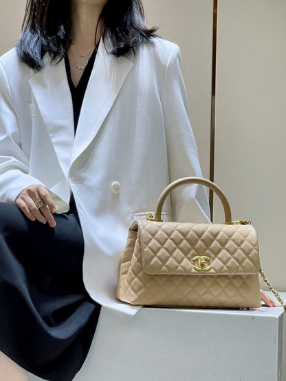 LARGE FLAP BAG WITH TOP HANDLE 29  Small Grained Calfskin Light Teas