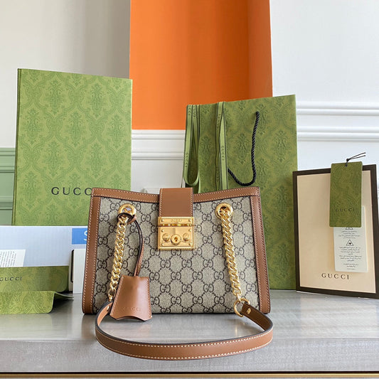 Padlock small shoulder bag Beige/ebony GG Supreme canvas, with brown leather detail