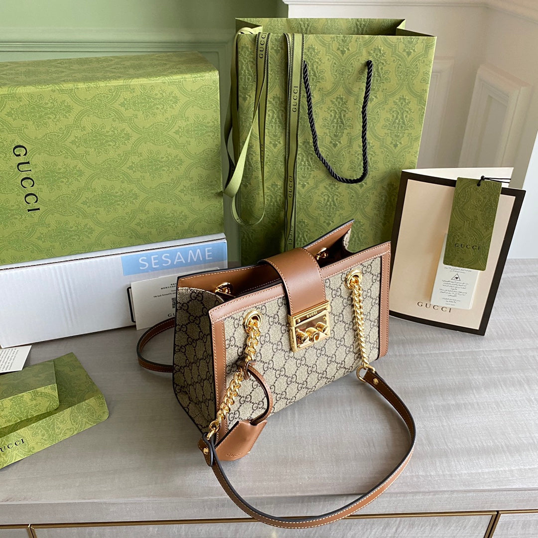 Padlock small shoulder bag Beige/ebony GG Supreme canvas, with brown leather detail