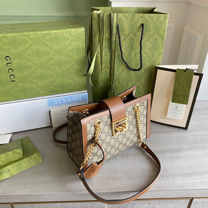 Padlock small shoulder bag Beige/ebony GG Supreme canvas, with brown leather detail