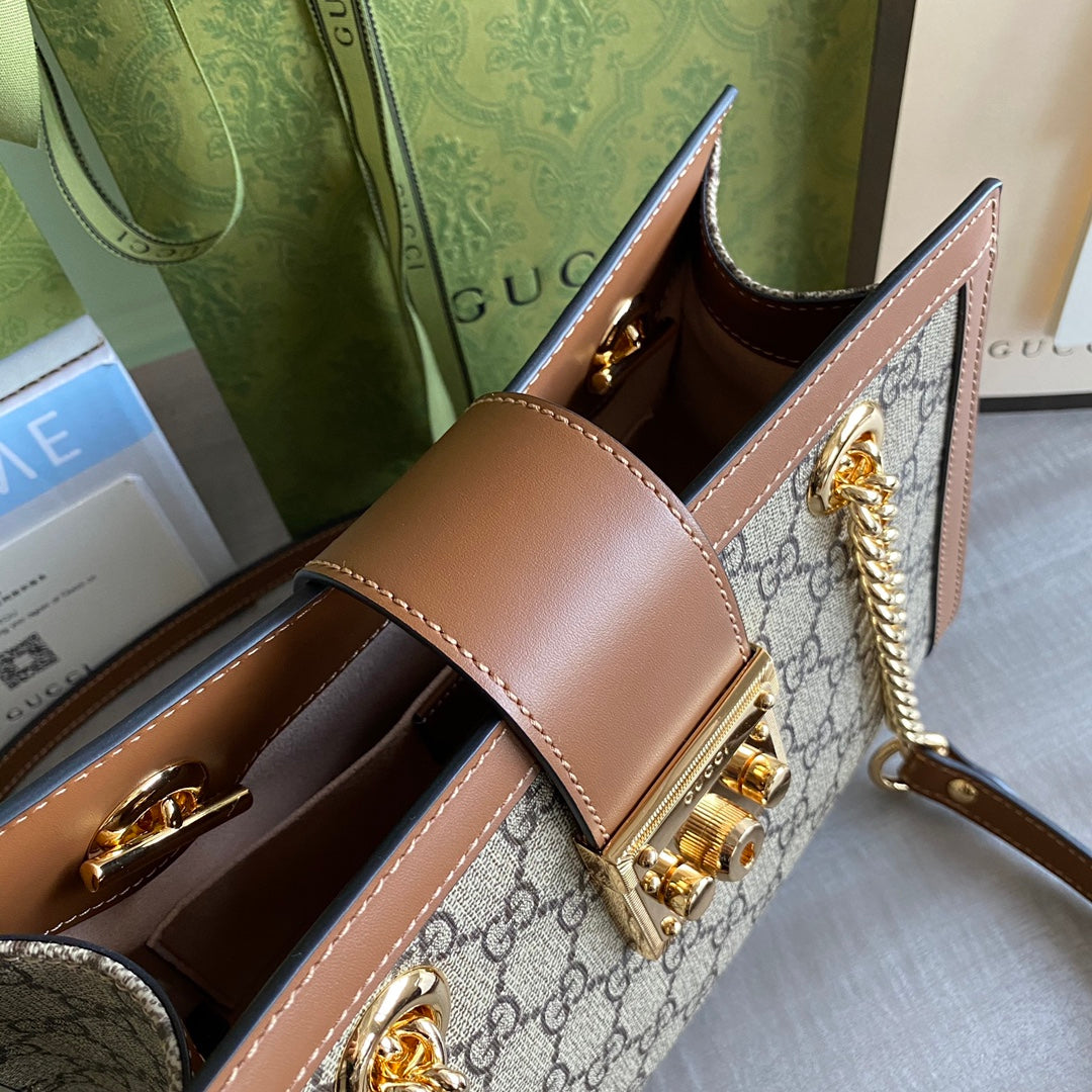 Padlock small shoulder bag Beige/ebony GG Supreme canvas, with brown leather detail