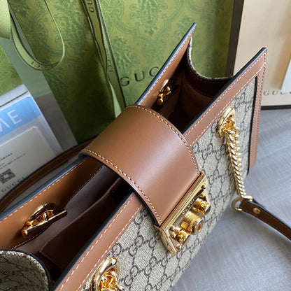 Padlock small shoulder bag Beige/ebony GG Supreme canvas, with brown leather detail