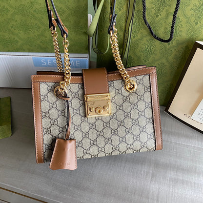 Padlock small shoulder bag Beige/ebony GG Supreme canvas, with brown leather detail