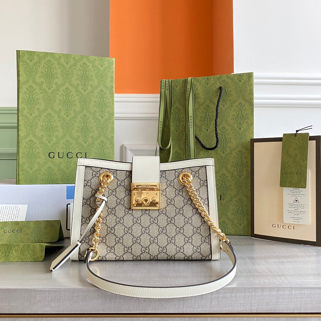 Padlock small shoulder bag Beige/ebony GG Supreme canvas, with brown leather detail