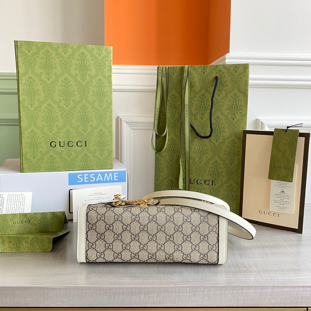 Padlock small shoulder bag Beige/ebony GG Supreme canvas, with brown leather detail