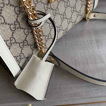 Padlock small shoulder bag Beige/ebony GG Supreme canvas, with brown leather detail