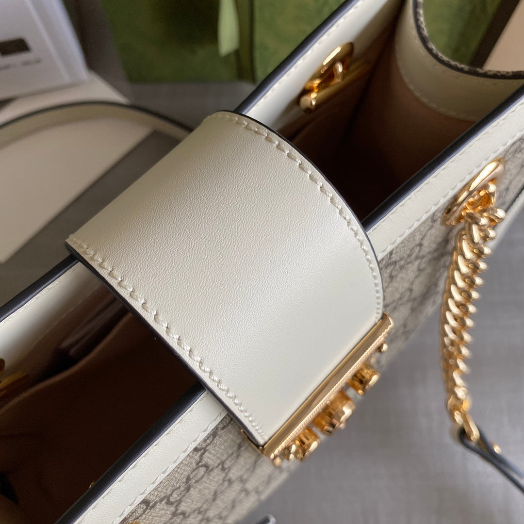 Padlock small shoulder bag Beige/ebony GG Supreme canvas, with brown leather detail