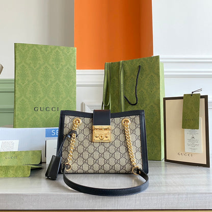 Padlock small shoulder bag Beige/ebony GG Supreme canvas, with brown leather detail