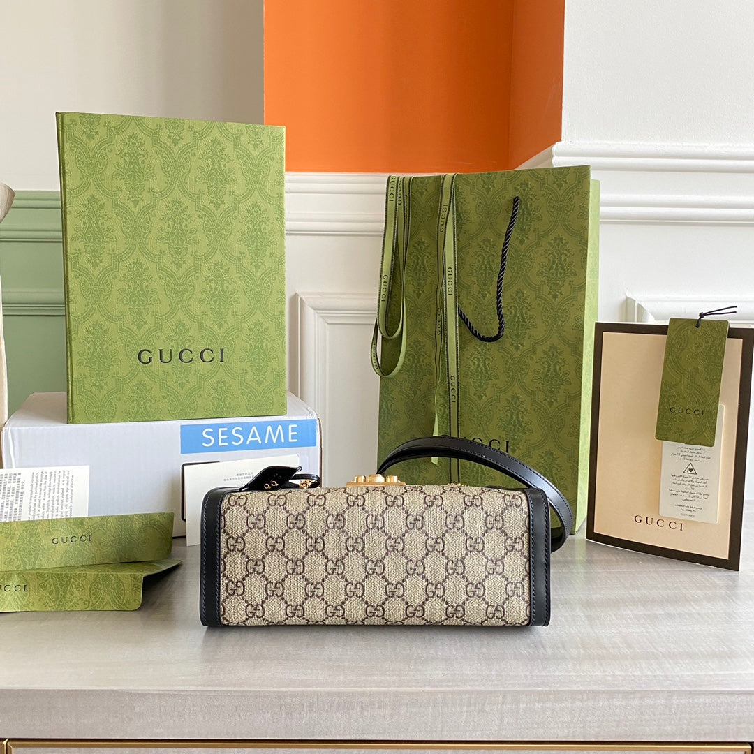 Padlock small shoulder bag Beige/ebony GG Supreme canvas, with brown leather detail