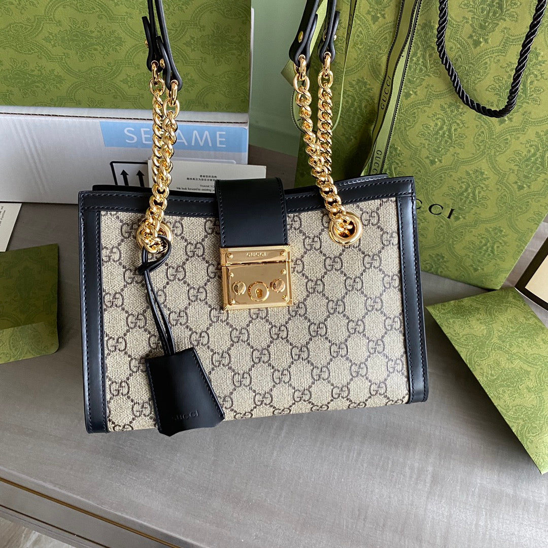 Padlock small shoulder bag Beige/ebony GG Supreme canvas, with brown leather detail