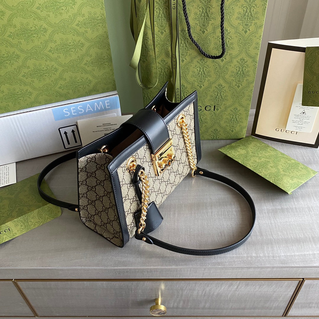 Padlock small shoulder bag Beige/ebony GG Supreme canvas, with brown leather detail