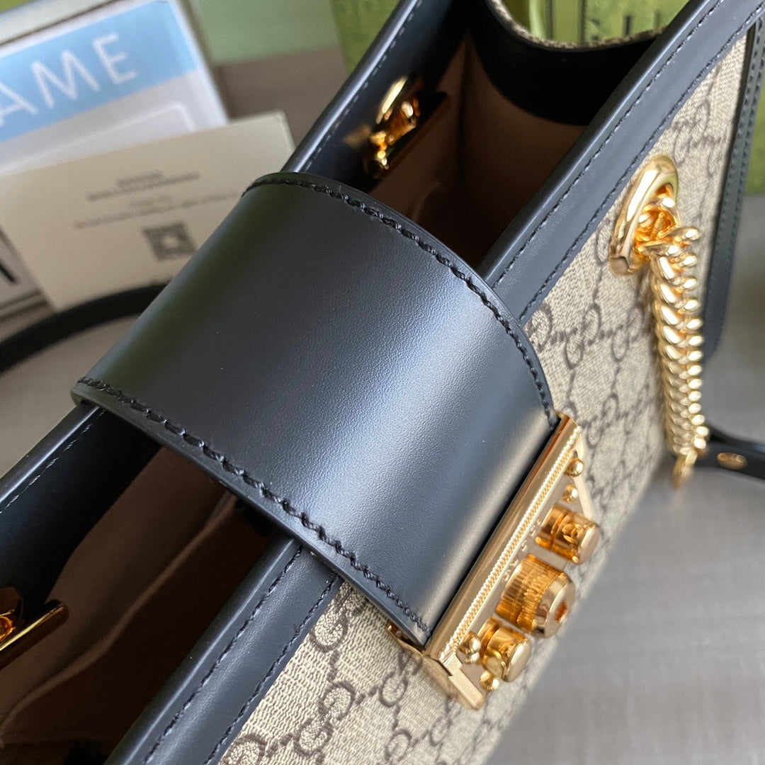 Padlock small shoulder bag Beige/ebony GG Supreme canvas, with brown leather detail