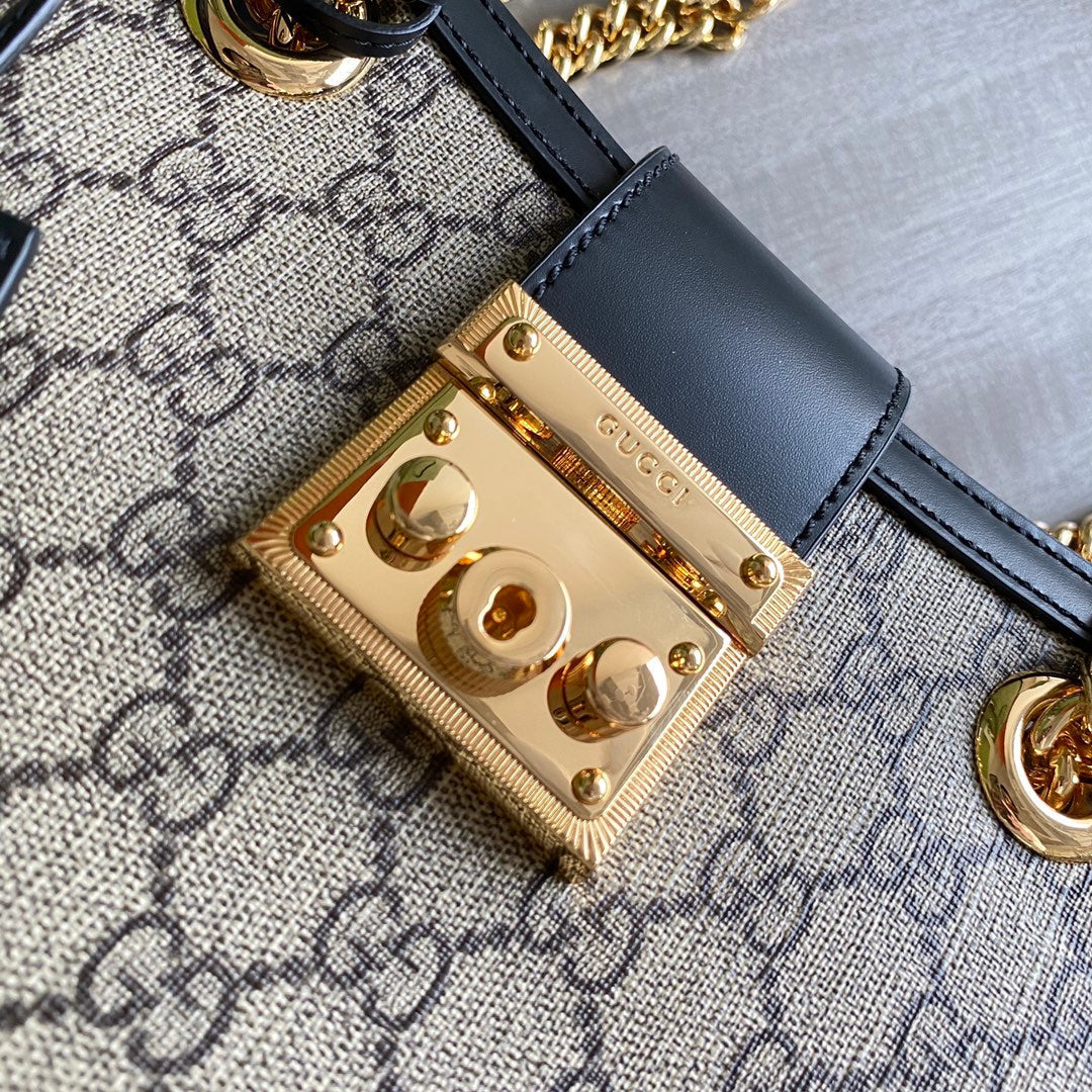 Padlock small shoulder bag Beige/ebony GG Supreme canvas, with brown leather detail