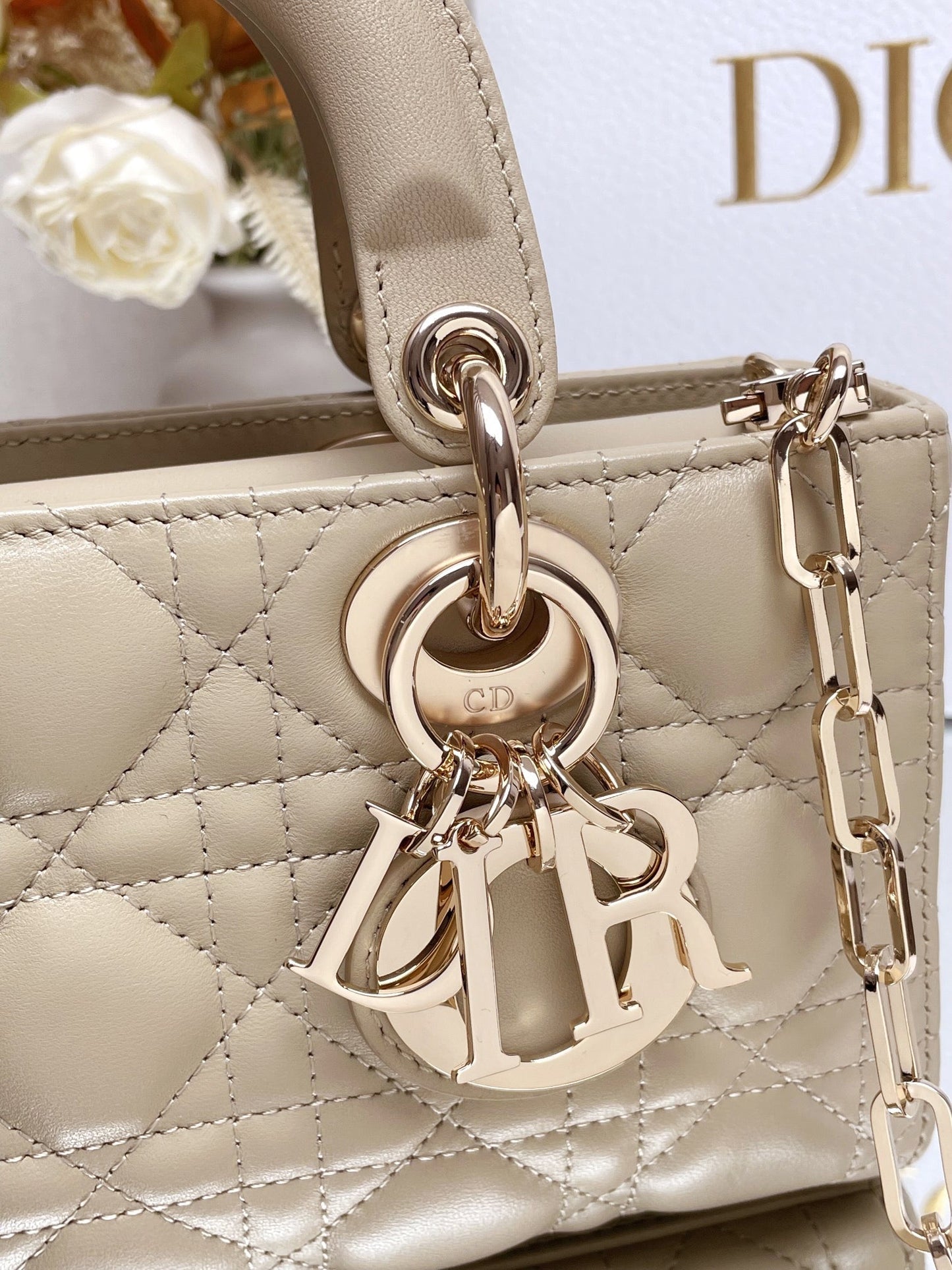 Micro / Small / Medium Lady D-Joy Bag Sand-Colored Cannage Lambskin