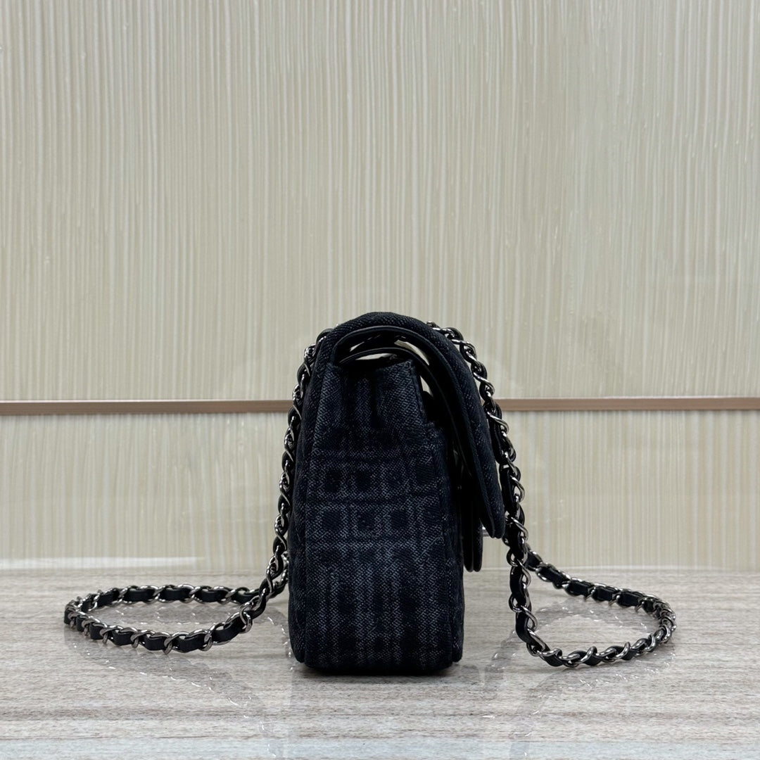 Classic 11.12 Handbag 25.5 Printed Denim & Ruthenium-Finish Metal Black