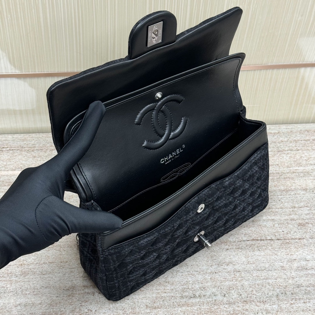 Classic 11.12 Handbag 25.5 Printed Denim & Ruthenium-Finish Metal Black