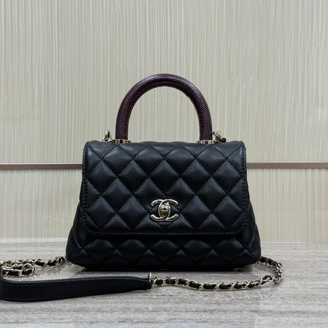 Mini Flap Bag with Top Handle  Small Grained Calfskin Lizard Handle Black