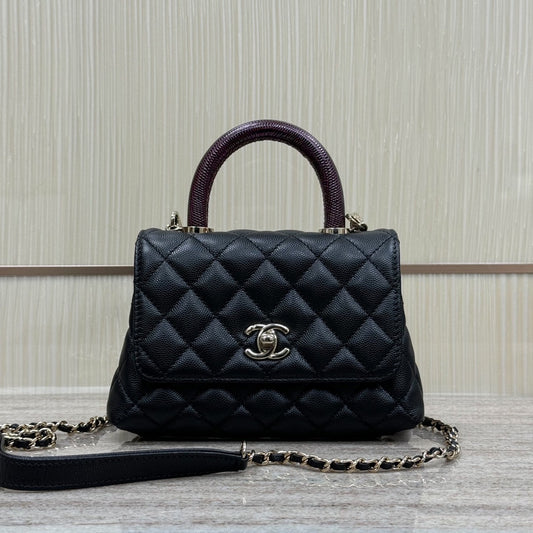 Mini Flap Bag with Top Handle  Small Grained Calfskin Lizard Handle Black