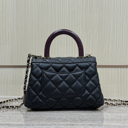 Mini Flap Bag with Top Handle  Small Grained Calfskin Lizard Handle Black