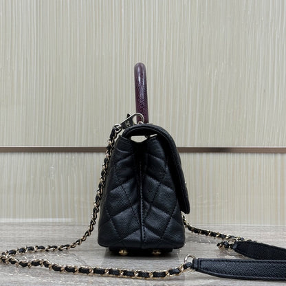 Mini Flap Bag with Top Handle  Small Grained Calfskin Lizard Handle Black