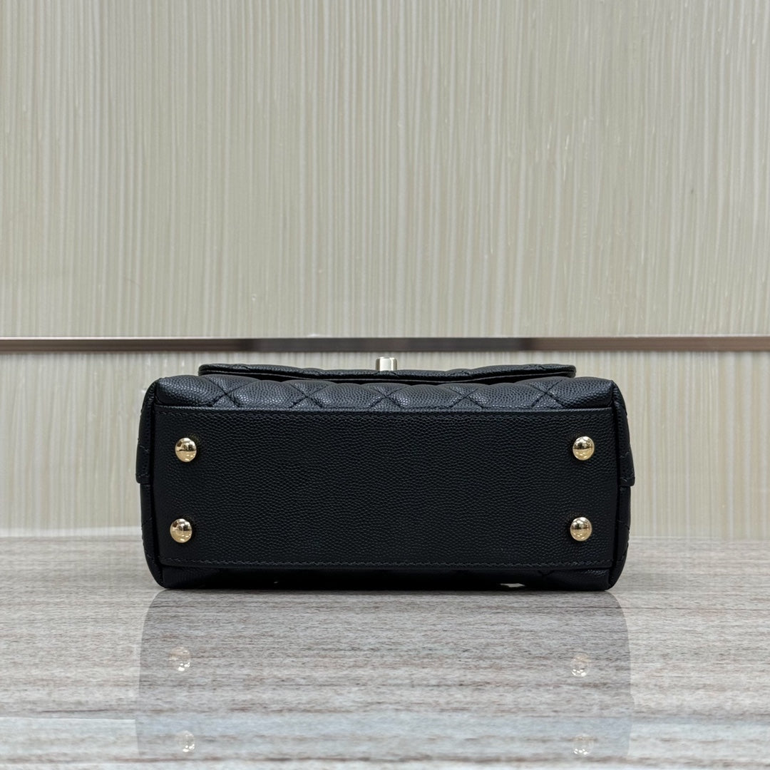 Mini Flap Bag with Top Handle  Small Grained Calfskin Lizard Handle Black