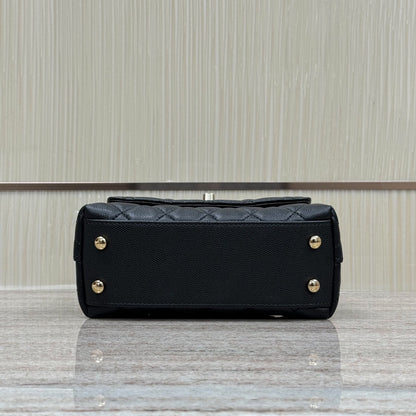 Mini Flap Bag with Top Handle  Small Grained Calfskin Lizard Handle Black