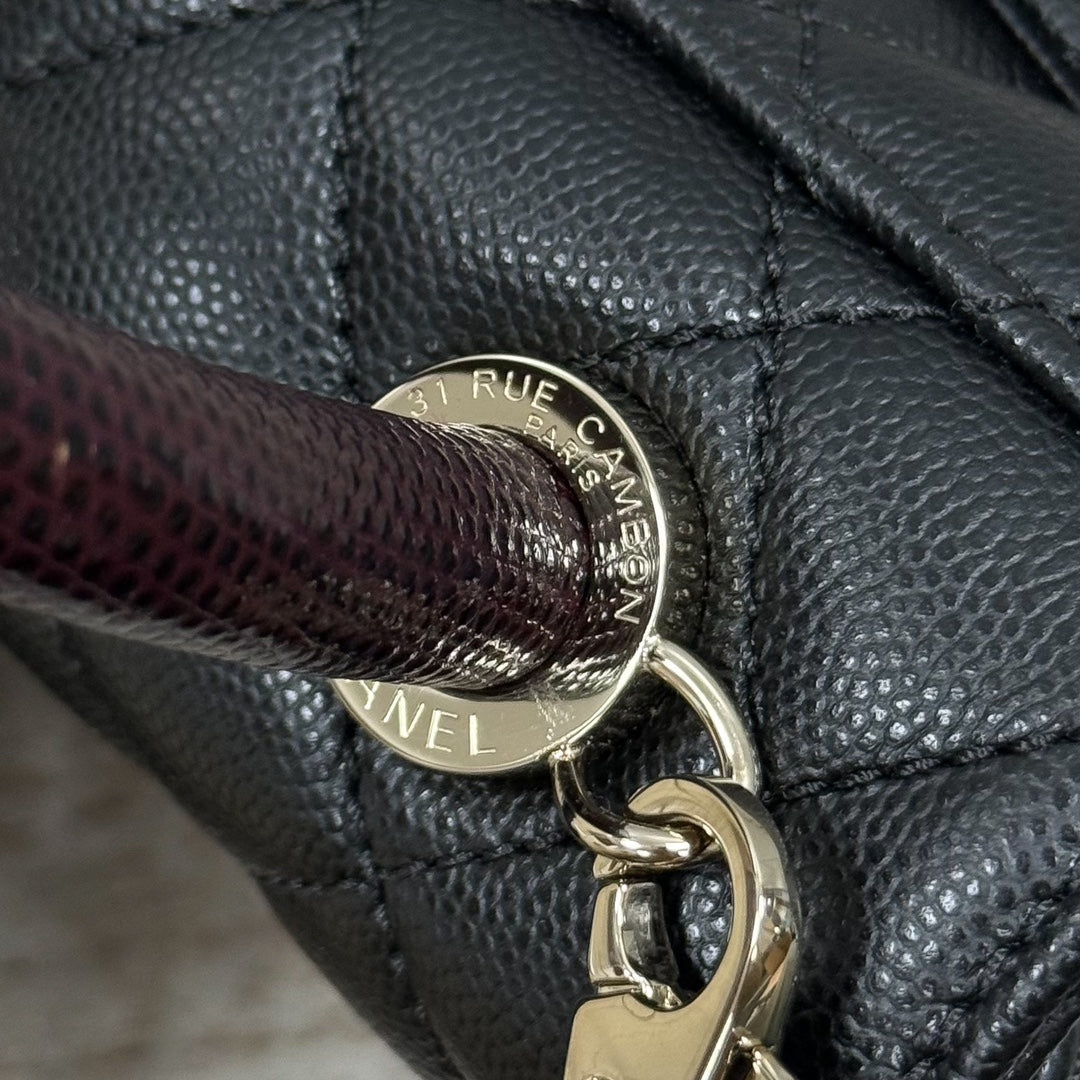 Mini Flap Bag with Top Handle  Small Grained Calfskin Lizard Handle Black