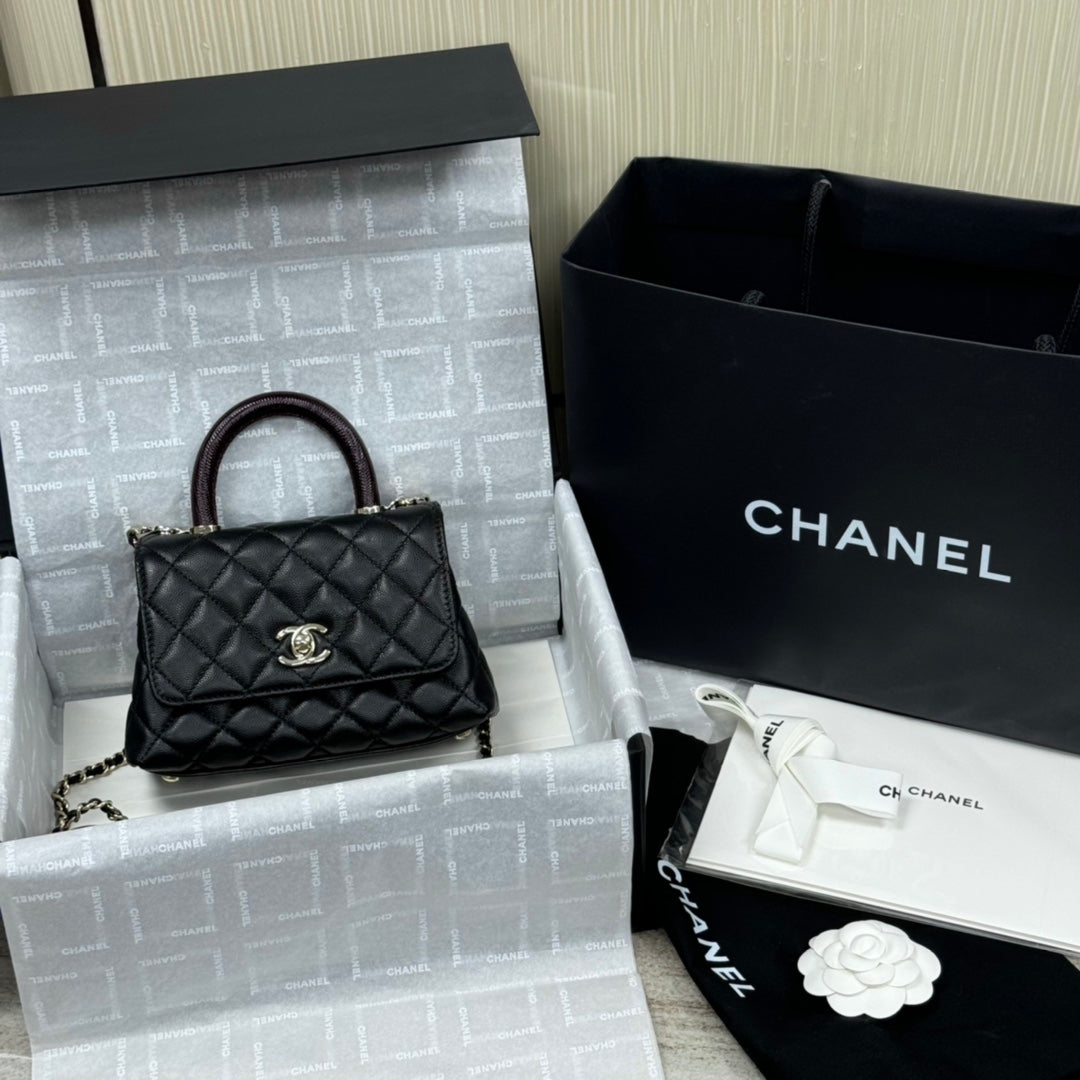 Mini Flap Bag with Top Handle  Small Grained Calfskin Lizard Handle Black