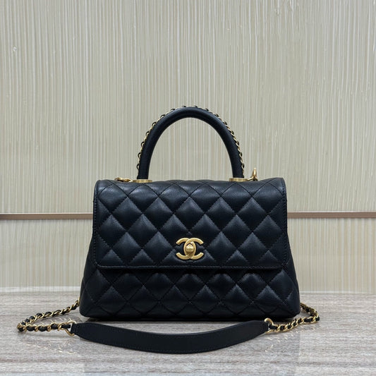 FLAP BAG WITH TOP HANDLE 24  Grained Calfskin Black