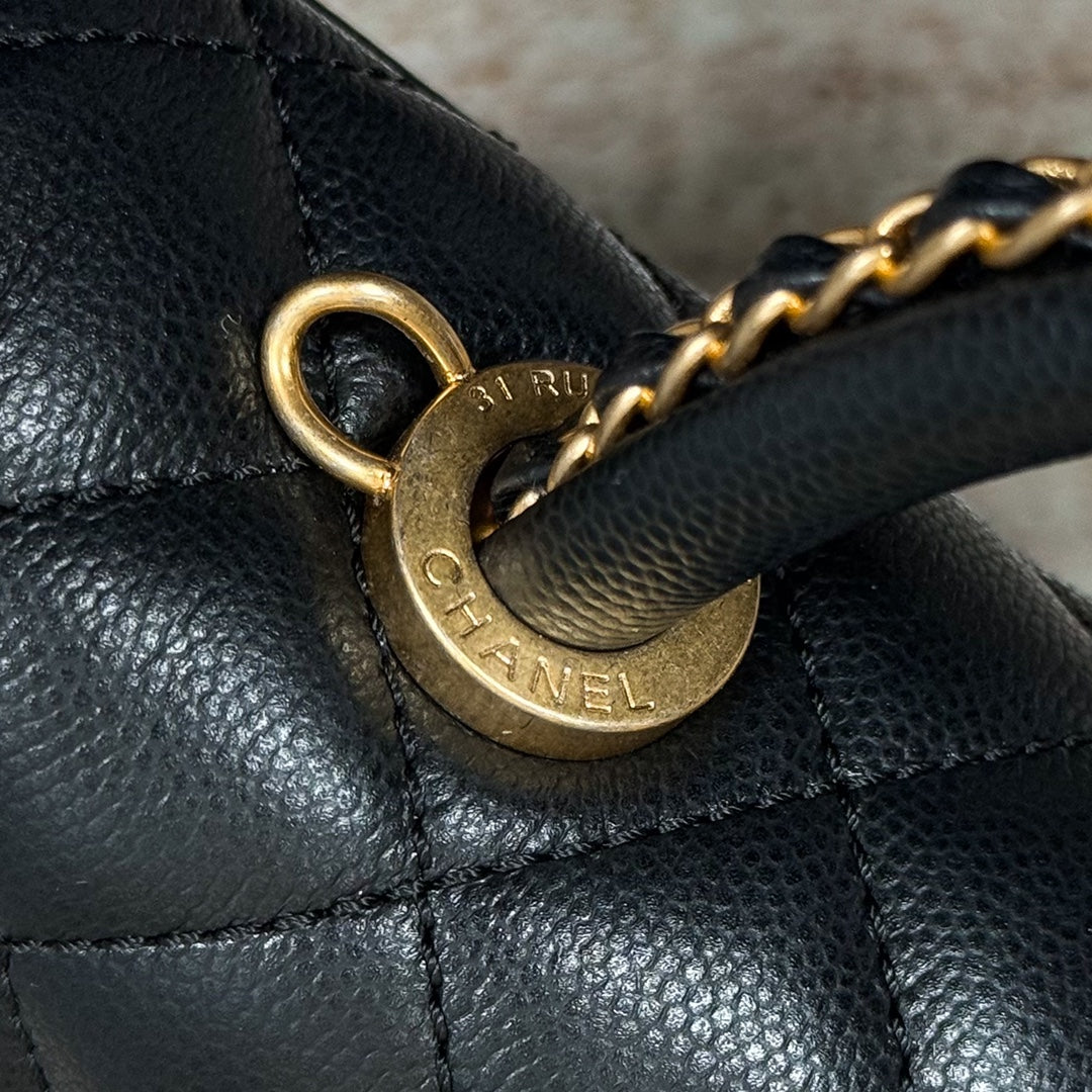 FLAP BAG WITH TOP HANDLE 24  Grained Calfskin Black