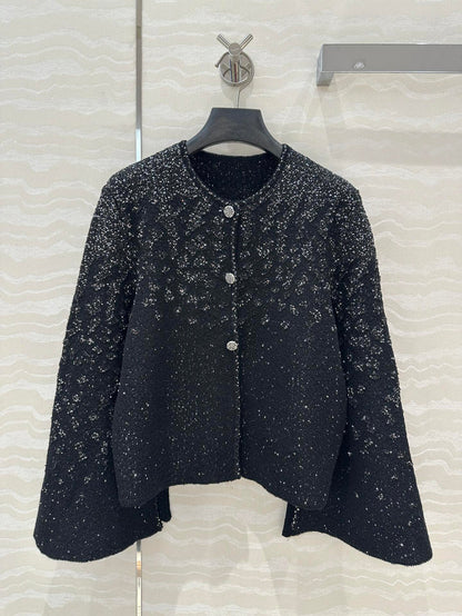 Shimmering Cropped Wide-Sleeve Tweed Jacket