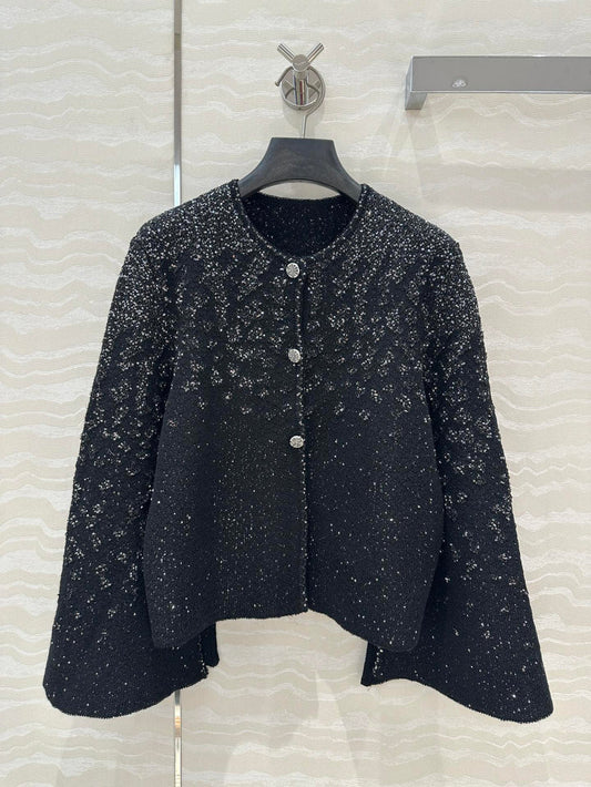 Shimmering Cropped Wide-Sleeve Tweed Jacket