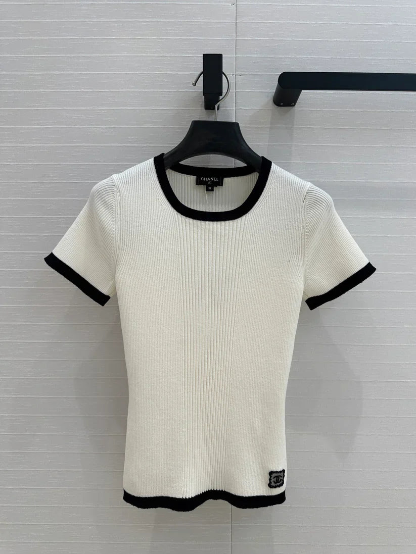 White Knit Top with Black Trim