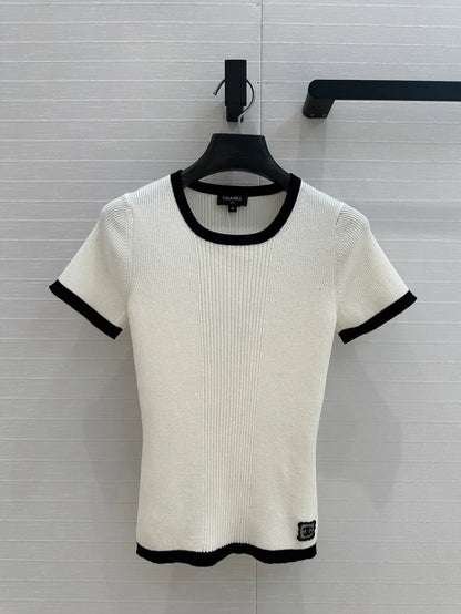 White Knit Top with Black Trim