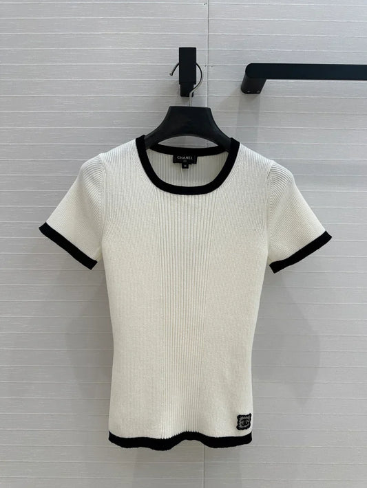 White Knit Top with Black Trim