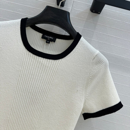 White Knit Top with Black Trim