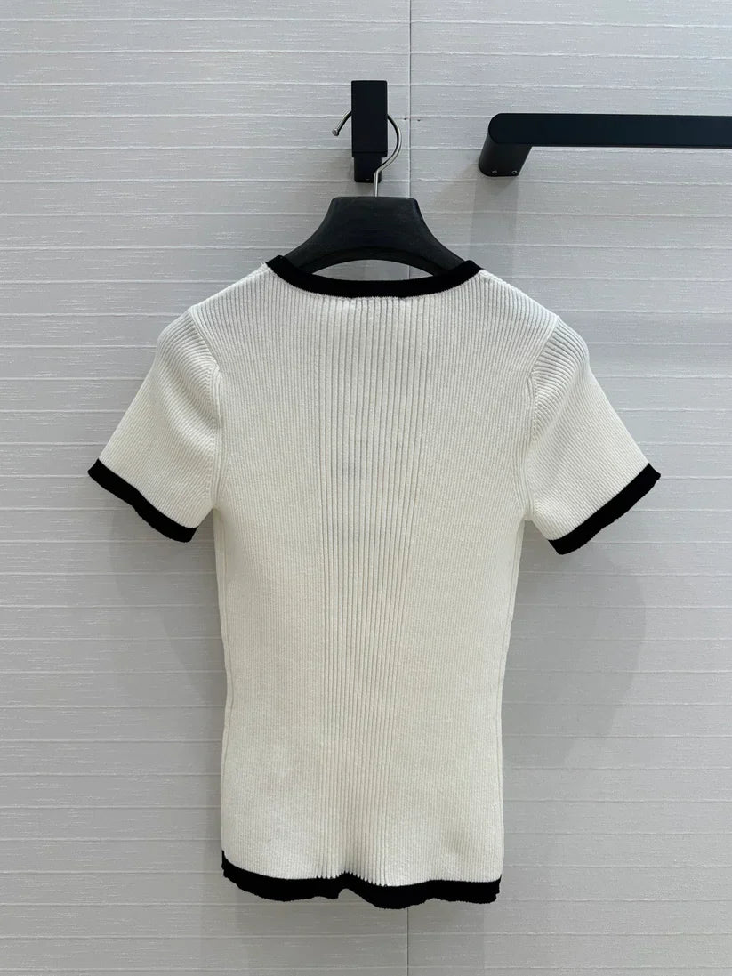 White Knit Top with Black Trim