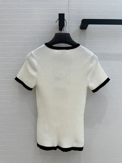 White Knit Top with Black Trim