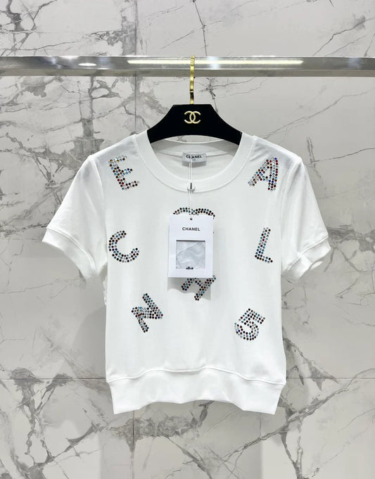 Colorful Rhinestone Letter T-Shirt