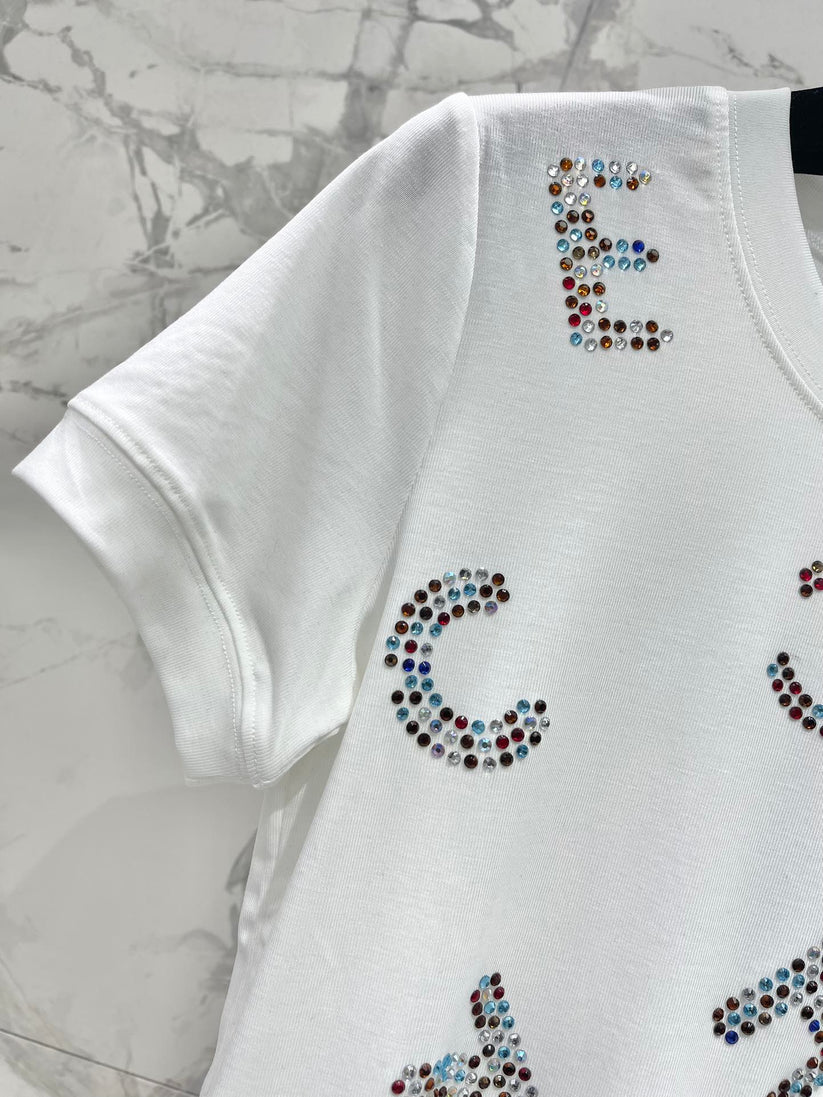 Colorful Rhinestone Letter T-Shirt