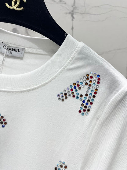 Colorful Rhinestone Letter T-Shirt