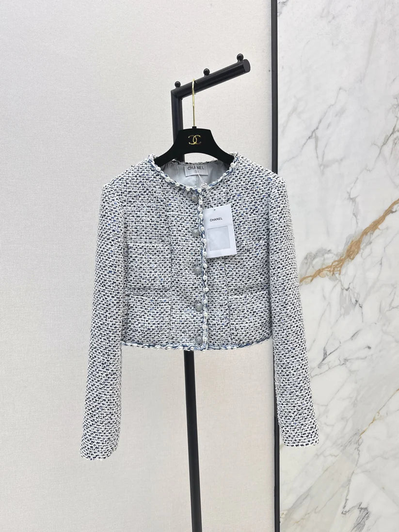 Pearl-Embellished Cropped Tweed Jacket