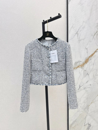 Pearl-Embellished Cropped Tweed Jacket