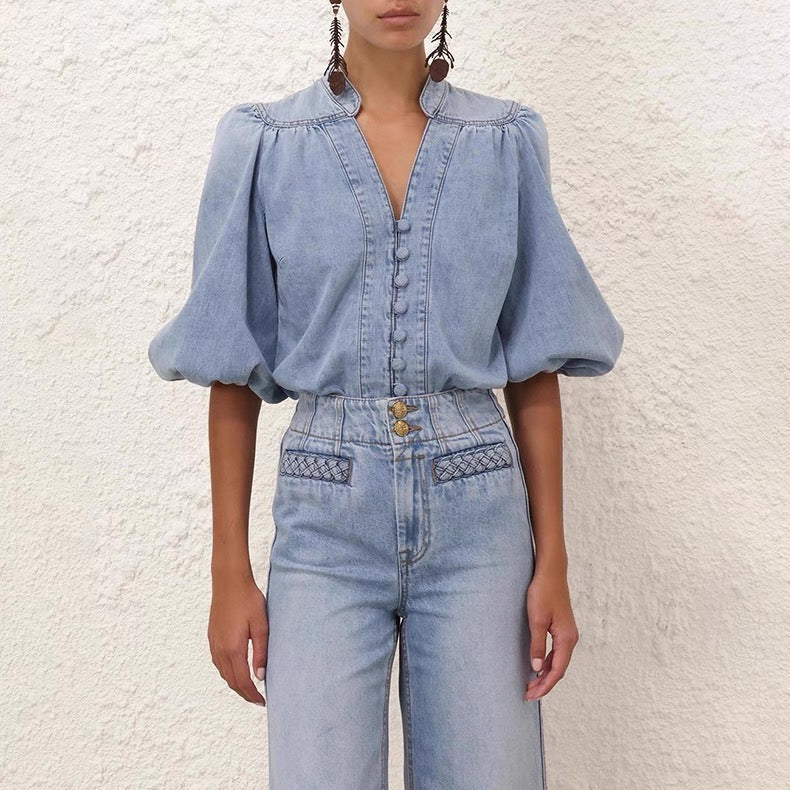 25ss denim V neck shirt