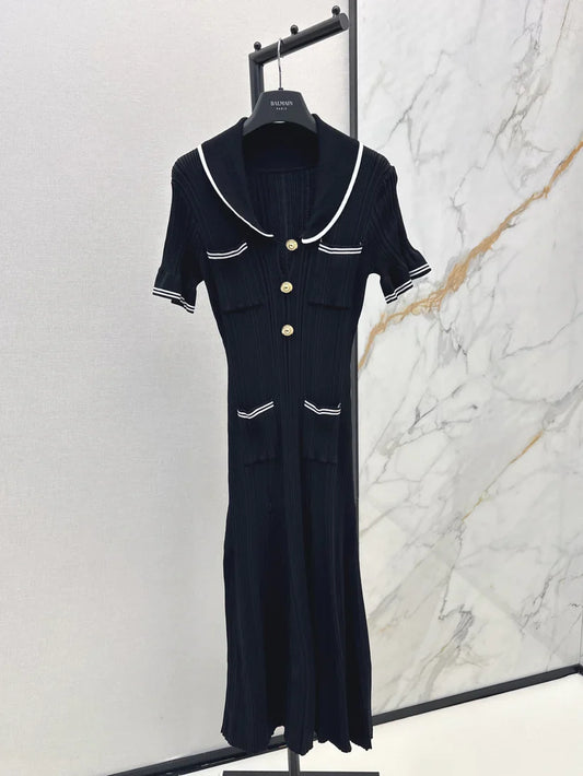 Chic Gold Button Ribbed Knit Dress