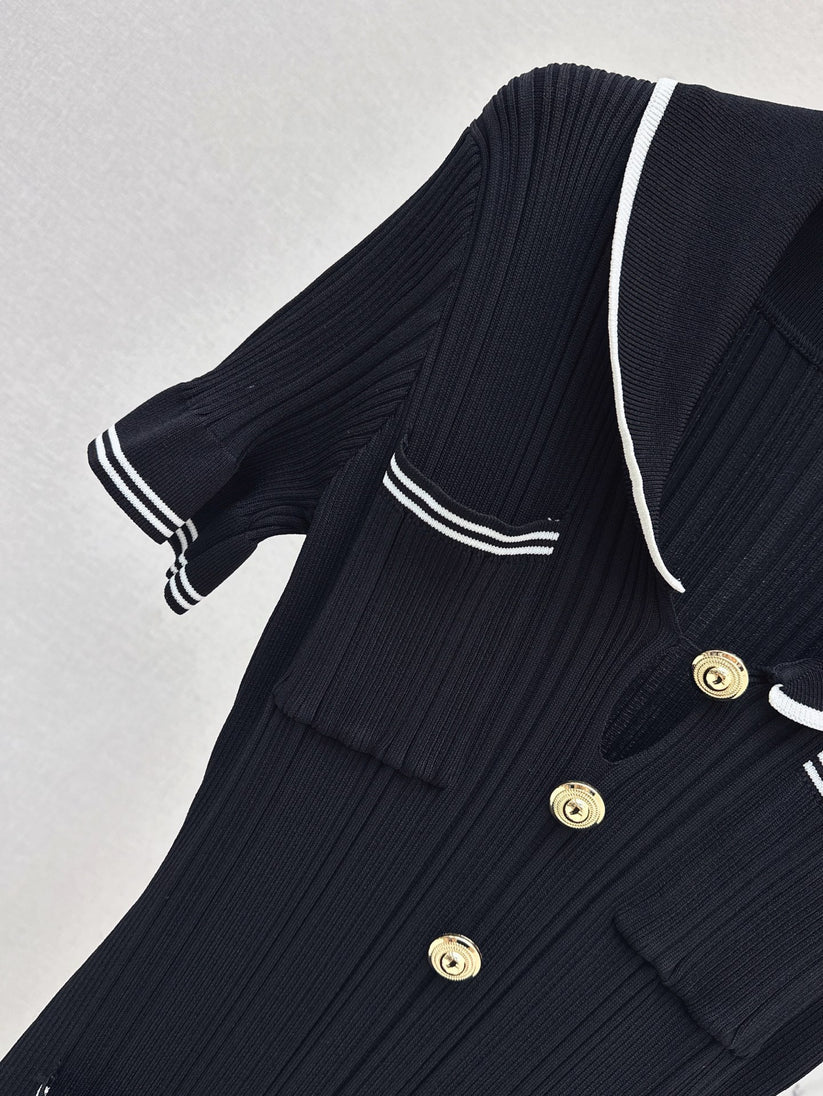 Chic Gold Button Ribbed Knit Dress